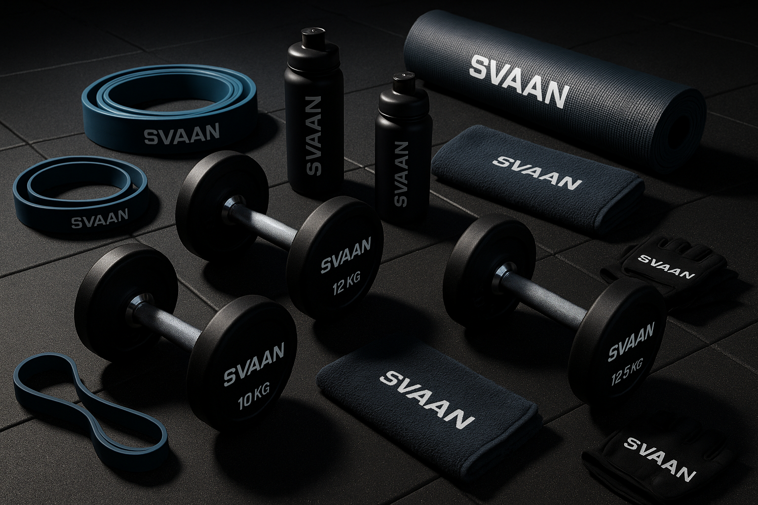 GYM ACCESORIES LAYING ON THE GYM FLOOR WITH SVAAN BRANDING ON THE PRODUCTS